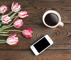 Tulipany, Deski, Telefon, Kawa, Kompozycja