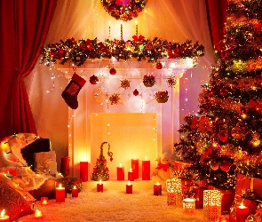Świąteczne, Dekoracje, Choinka, Boże Narodzenie, Kominek, Światełka