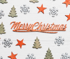Merry Christmas, Napis, Gwiazdki, Dekoracja, Choinki, Deski