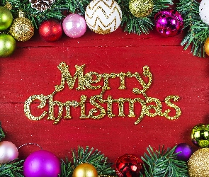 Boże Narodzenie, Bombki, Merry Christmas, Napis, Kompozycja