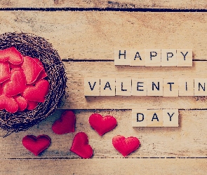 Walentynki, Serduszka, Deski, Napis, Happy Valentine Day, Czerwone