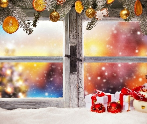 Lampion, Bałwanki, Świąteczna, Boże Narodzenie, Okno, Kompozycja, Zima