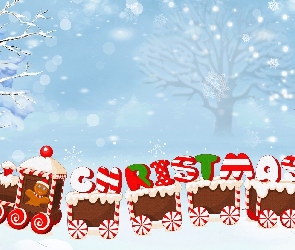 Zima, Pociąg, Boże Narodzenie, Świąteczny, Christmas, Śnieg, 2D, Napis
