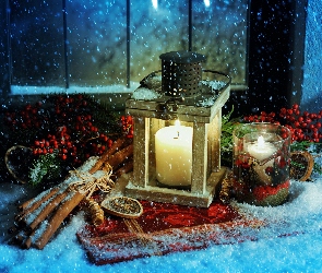 Cynamon, Świeca, Świąteczna, Śnieg, Lampion, Kompozycja, Okno