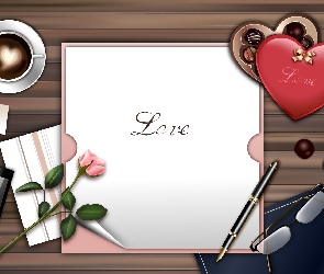 Miłość, Kawa, Róża, Serce, 2D, Okulary, Telefon, Kartka, Love