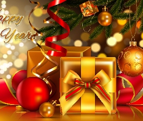 Noworoczne, Choinka, Boże Narodzenie, Świąteczne, Kompozycja, Prezenty, Bombki, 2D, Życzenia