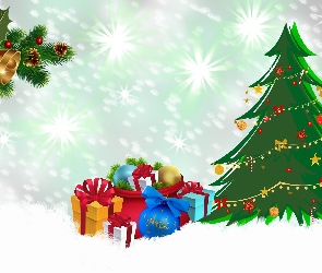 Boże Narodzenie, Choinka, 2D, Bombki, Stroik, Prezenty