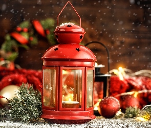 Czerwony, Kompozycja, Świąteczna, Bombki, Lampion