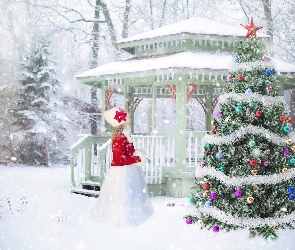 Drzewa, Choinka, Zima, Śnieg, Altana, Boże Narodzenie, Dziewczynka