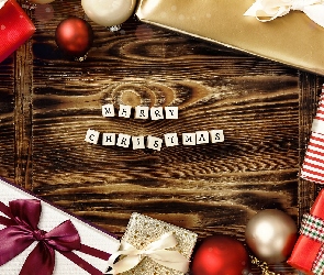 Świąteczne, Merry Christmas, Boże Narodzenie, Kompozycja, Prezenty, Napis