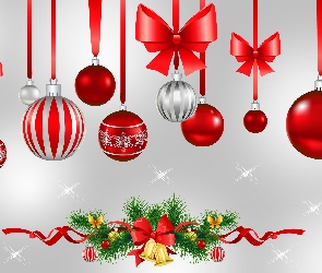 Boże Narodzenie, Dekoracja, Wstążki, Stroik, Czerwone, Bombki