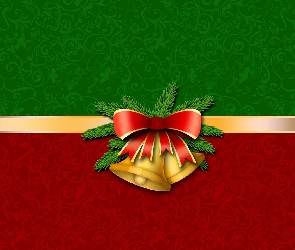 Świąteczna, Zielono-czerwone tło, Kokarda, Dzwonki, Dekoracja