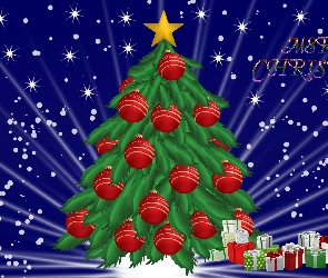 Boże Narodzenie, Choinka, Merry Christmas, Prezenty, Napis, Bombki