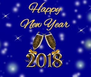 Nowy Rok, 2018, Happy New Year, Szampan, Napis, Kieliszki