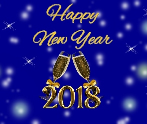 Happy New Year, Napis, 2018, Nowy Rok, Kieliszki, Szampan
