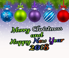 Napis, 2018, Happy New Year, Merry Christmas, Bombki