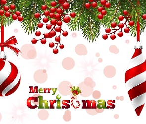 Boże Narodzenie, Gałązki, Merry Christmas, Bombki, Napis, Biało-czerwone