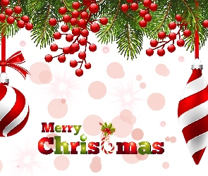 Merry Christmas, Napis, Gałązki, Boże Narodzenie, Biało-czerwone, Bombki