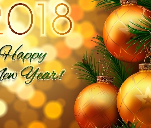 Nowy Rok, Sylwester, Bokeh, Happy New Year, Choinka, Bombki, 2018