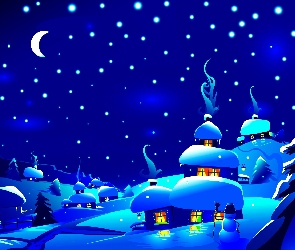 Wieś, Domy, Księżyc, Drzewa, Noc, Śnieg