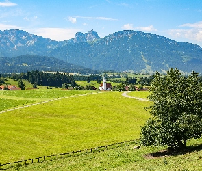 Lato, Las, Domy, Alpy Bawarskie, Bawaria, Miejscowość Eisenberg, Niemcy, Kościół, Łąka, Drzewa, Droga, Góry