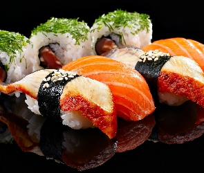 Ciemne tło, Odbicie, Sushi, Łosoś