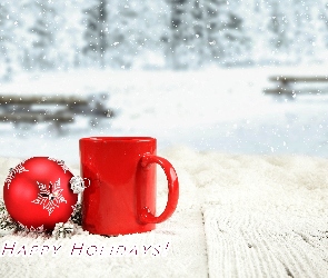 Śnieg, Happy Holidays, Kubek, Czerwony, Bombka, Napis