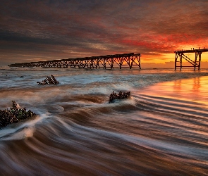 Hrabstwo Durham, Anglia, Chmury, Molo Steetley Pier, Morze Północne, Zachód słońca, Miasto Hartlepool