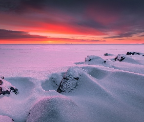 Północna Karelia, Zachód słońca, Finlandia, Jezioro, Śnieg, Joensuu, Skały, Zima