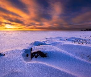 Północna Karelia, Zima, Finlandia, Jezioro, Kamienie, Joensuu, Zachód słońca, Śnieg