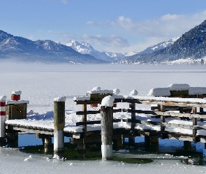 Karyntia, Austria, Góry, Jezioro Weißensee, Zima, Pomost, Alpy Gailtalskie