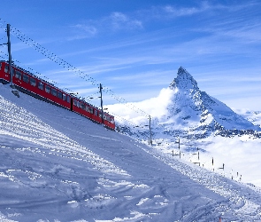 Szwajcaria, Zima, Szczyt Matterhorn, Pociąg elektryczny, Góry Alpy Pennińskie