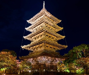 Tō-ji, Kioto, Japonia, Noc, Jesień, Pagoda, Drzewa, Świątynia