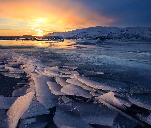 Wschód słońca, Kra, Lodowiec Eyjafjallajökull, Islandia, Zima, Lód