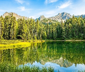 Góry, Odbicie Jezioro, Drzewa, Jezioro, Szczyty