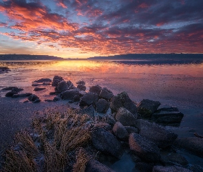 Norwegia, Okręg Buskerud, Lód, Jezioro Tyrifjorden, Kamienie, Wschód słońca