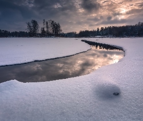 Rzeka, Podlasie, Polska, Drzewa, Zima