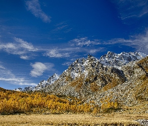 Włochy, Las, Jesień, Drzewa, Niebo, Ośrodek narciarski Alpe Devero, Region Piemont, Góry Alpy, Dolina Val Buscagna