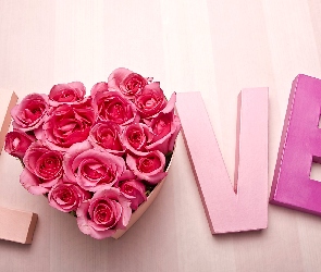 Love, Napis, Deski, Pudełko, Różowe, Róże, Serce