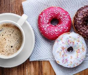 Serwetki, Donuty, Kawa, Deski, Pączki, Filiżanka, Trzy
