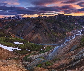Góry Landmannalaugar, Islandia, Chmury, Skały ryolitowe, Zachód Słońca, Rzeka, Tęczowe Góry
