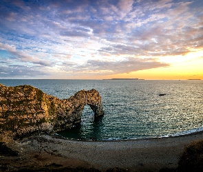 Wybrzeże Jurajskie, Kanał La Manche, Hrabstwo Dorset, Anglia, Skała, Wschód słońca, Morze, Chmury, Łuk wapienny Durdle Door