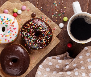 Kubek, Ścierka, Kolorowe, Deski, Cukierki, Papier, Kawa, Pączki, Donuty