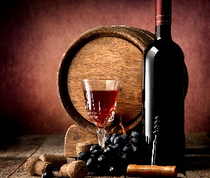 Czerwone, Korkociąg, Butelka, Kieliszek, Stół, Wino, Korki, Beczka