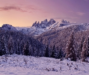 Dolomity, Włochy, Drzewa, Góry, Zima, Las, Zachód Słońca