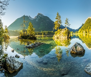 Kamienie, Skały, Bawaria, Drzewa, Jezioro Hintersee, Niemcy, Góry Alpy