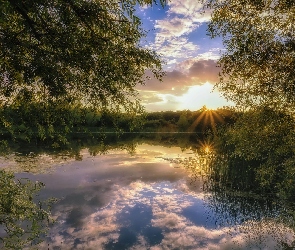 Drzewa, Las, Stupino, Zachód słońca, Jezioro, Rosja, Park