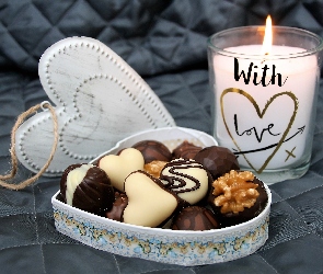 Serce, Napis, Pudełko, Świeca, Love, Pralinki, Walentynki, With