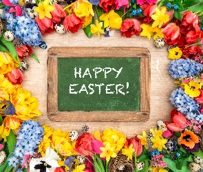 Wielkanoc, Tulipany, Deski, Hiacynty, Tabliczka, Happy Easter, Kwiaty, Gniazdka, Wiosenne, Napis, Bratki, Żonkile, Jajka