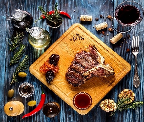 Deska, Papryka, Mięso, Pieprz, Wina, Przyprawy, Widelec, Lampka